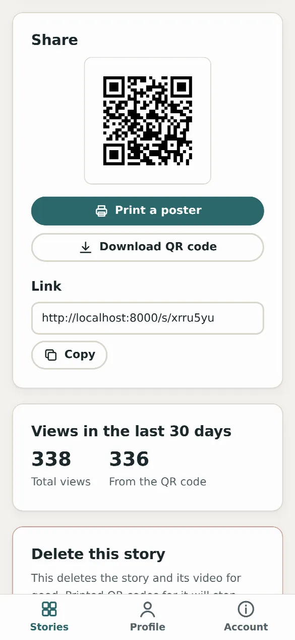A story’s Share card on a phone: its QR code, “Print a poster” and “Download QR code” buttons, and its link.