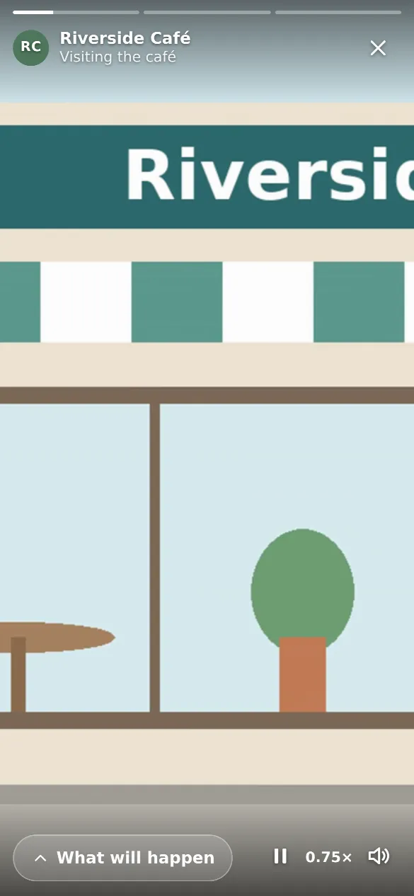 A story playing full-screen on a phone: the front of Riverside Café, with progress bars at the top and a “What will happen” button.